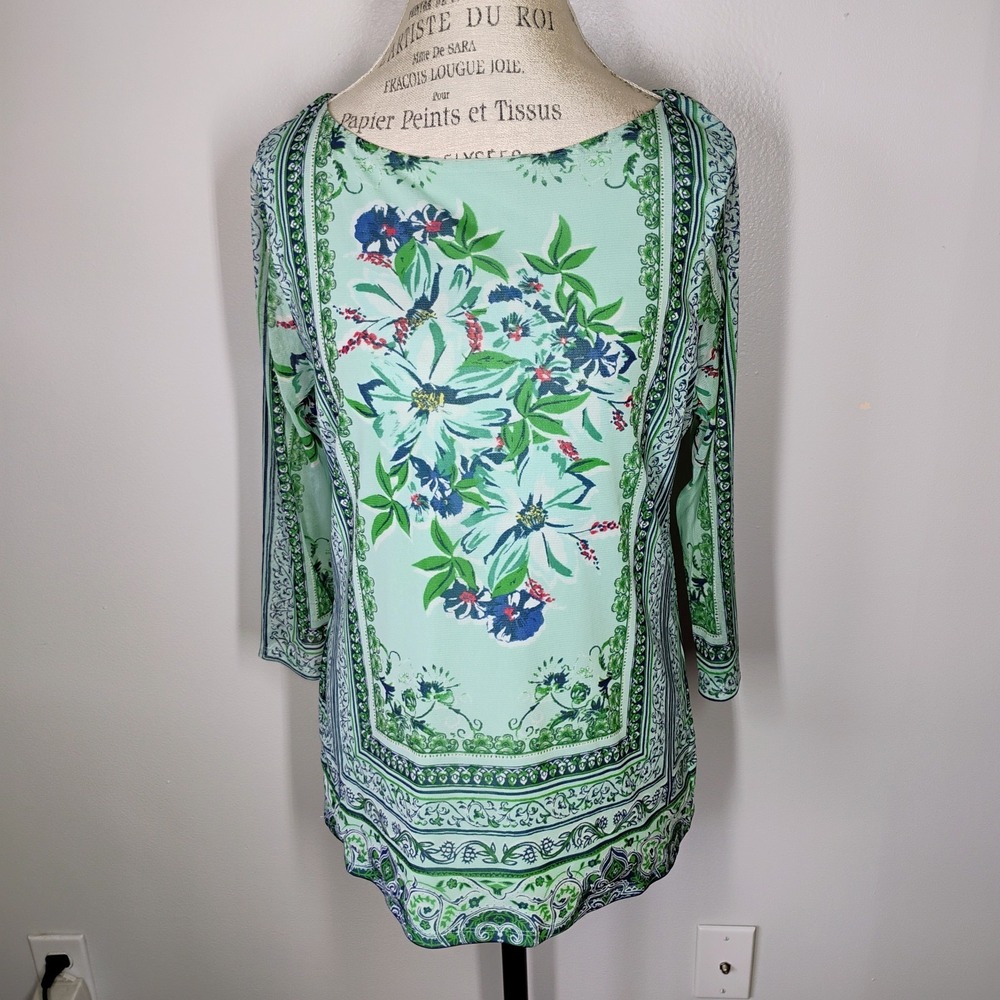 Charter Club Mesh Floral Top Womens Large Mint Green Sheer‎ Sleeves Boho Mature